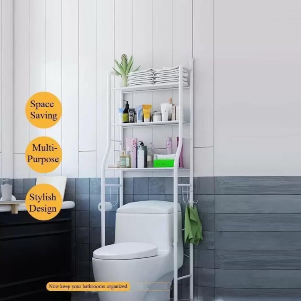 Metal storage rack used next to a wash basin, providing extra space for essentials.