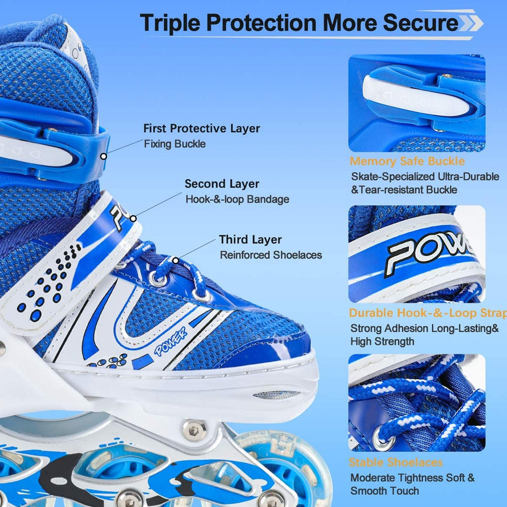 Adjustable LED inline skates with a focus on the wheel mechanism.