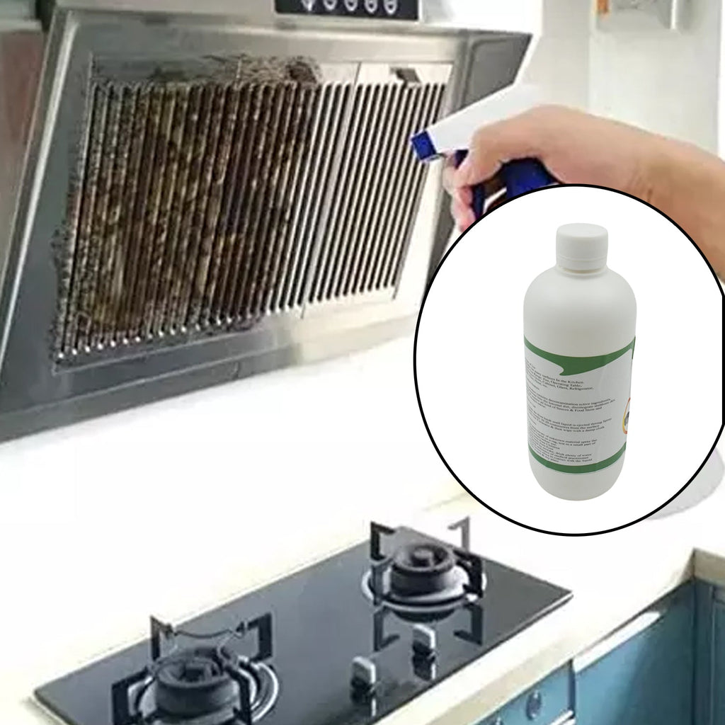 Kitchen degreaser spray effectively cleaning a greasy grill surface.