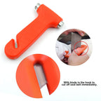 Car safety hammer demonstrating its sharp seatbelt cutter.