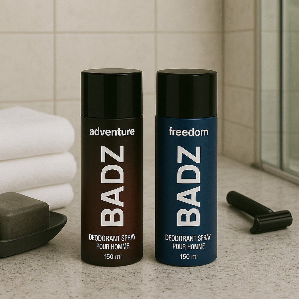 Men’s deodorant body spray 150ml displaying BADZ branding on can