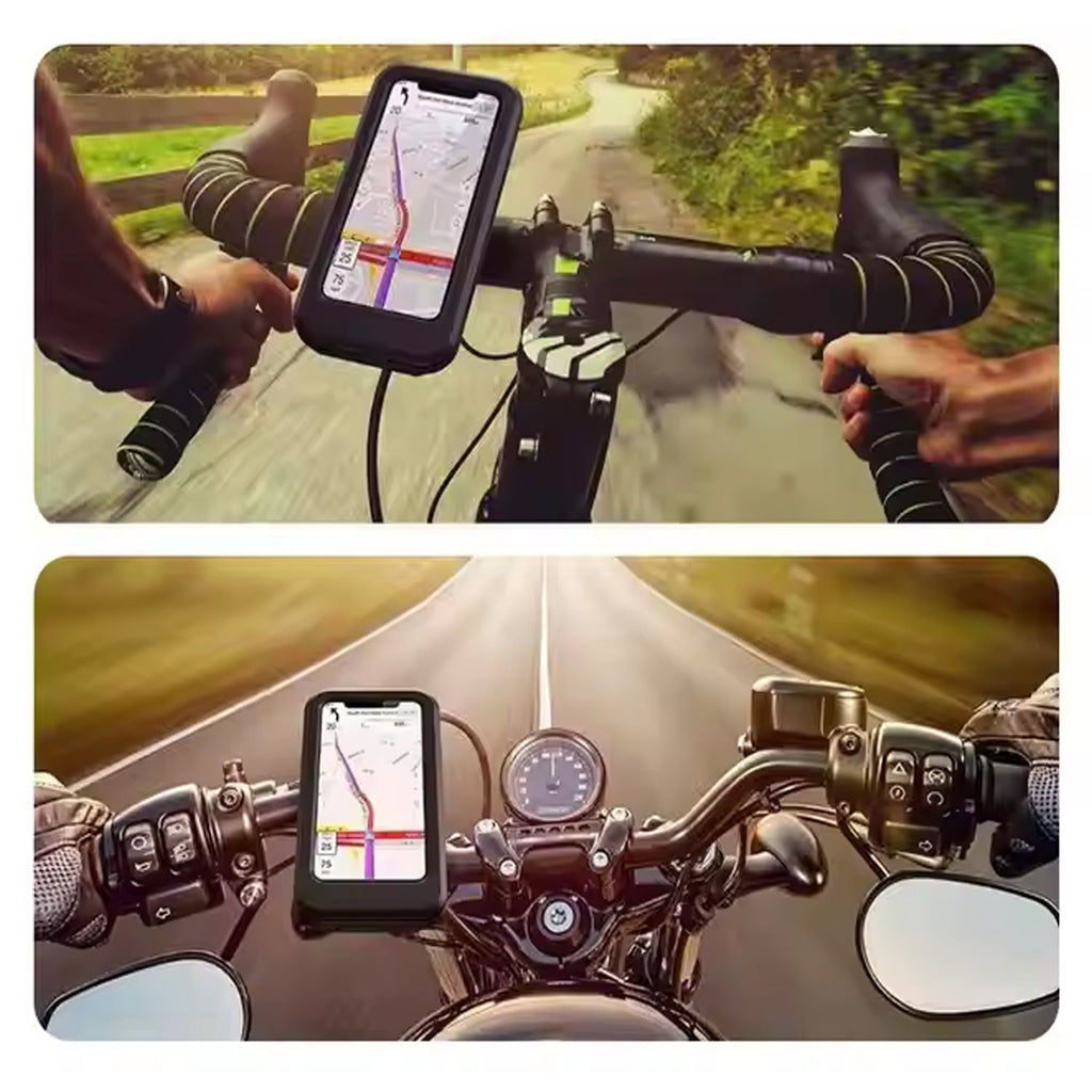 Front view of the waterproof bike phone mount, highlighting its clear touchscreen cover.