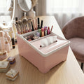 Plastic multipurpose storage organizer box with compartments and tissue holder slot