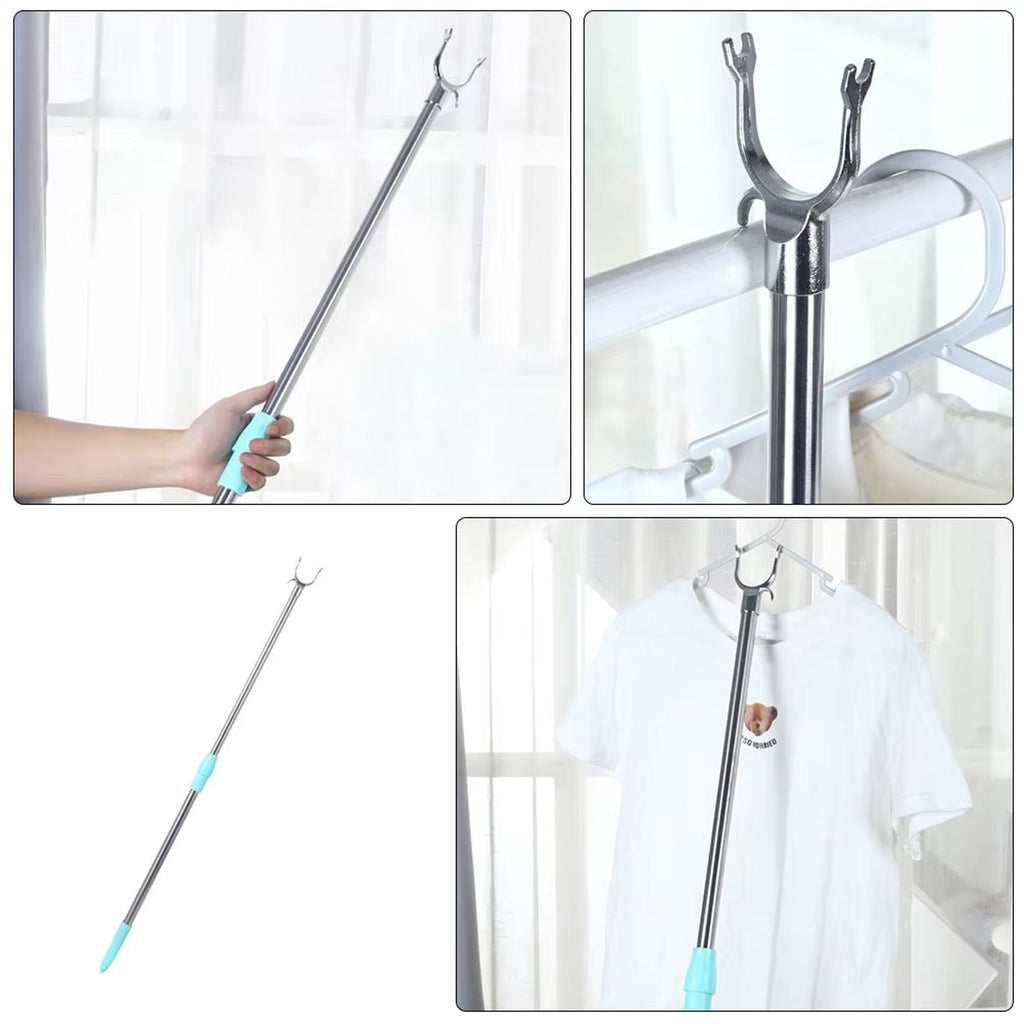 Versatile clothes hanger pole used for various high-reach tasks.