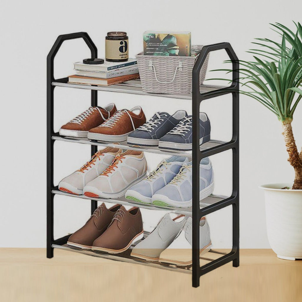 Side view of the portable shoe rack showing its sturdy aluminum and plastic construction.