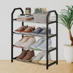 Side view of the portable shoe rack showing its sturdy aluminum and plastic construction.
