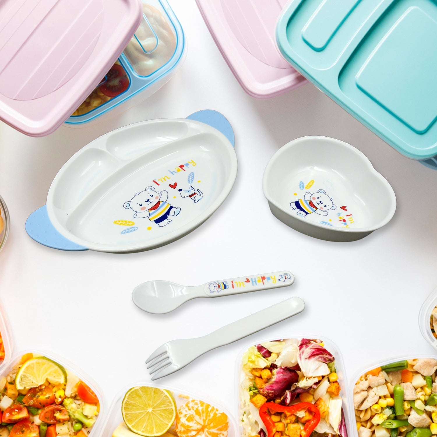 Ergonomic spoon and fork for toddlers learning to self-feed.