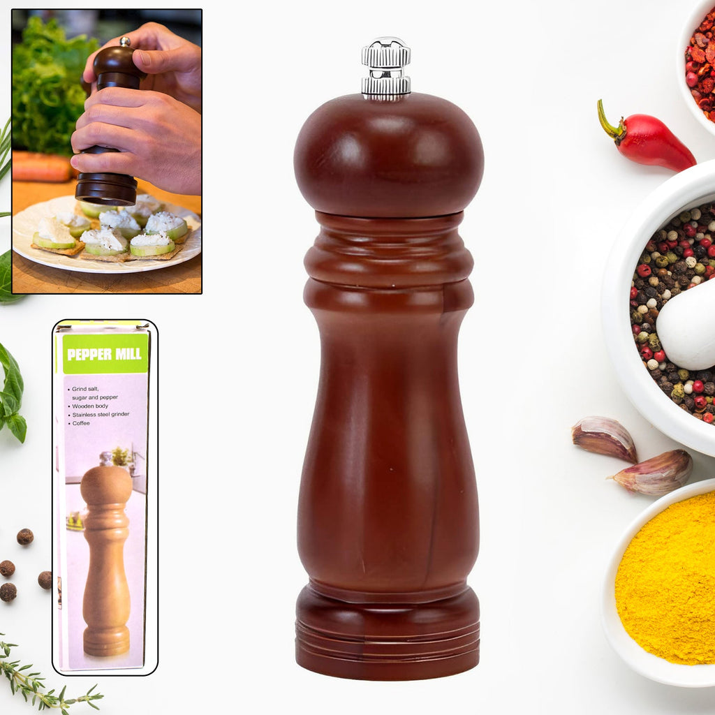 Elegant 6-inch wooden pepper mill with an adjustable ceramic grinder, ready for use.