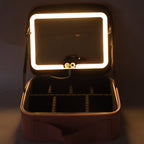 Sturdy handle on the LED makeup organizer box for easy carrying