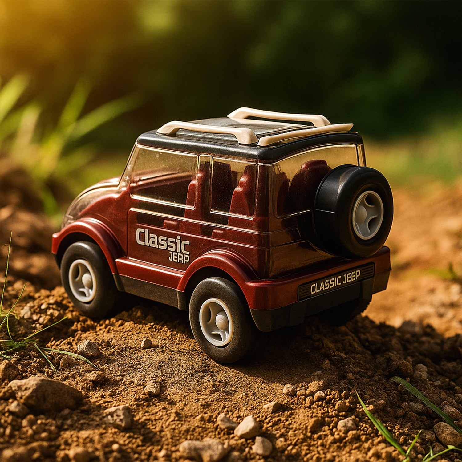 Close-up of jeep toy friction mechanism and clear roof design