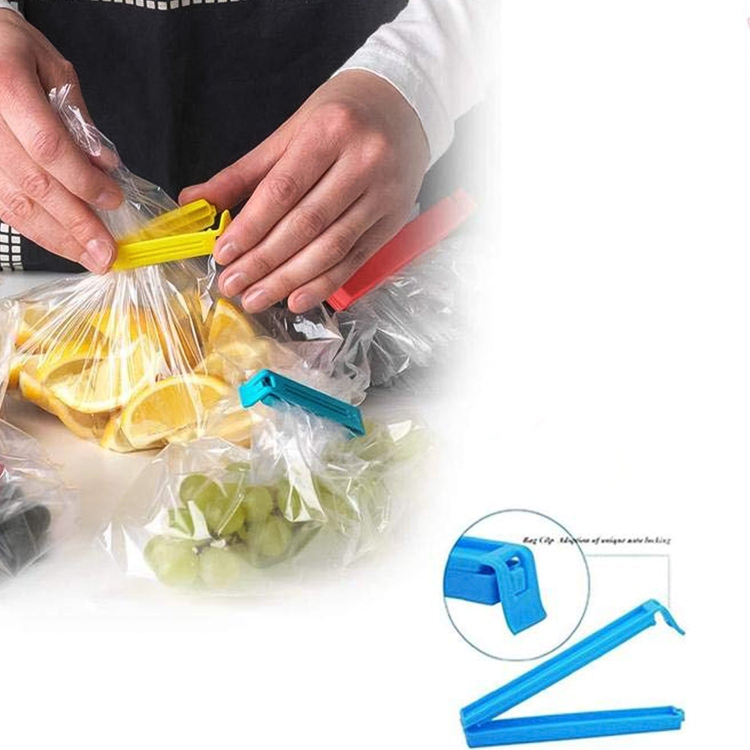 Multipurpose plastic clips sealing various food pouches and bags in kitchen