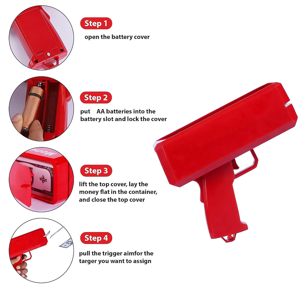 Cash spray shooter loaded with play money for fun.