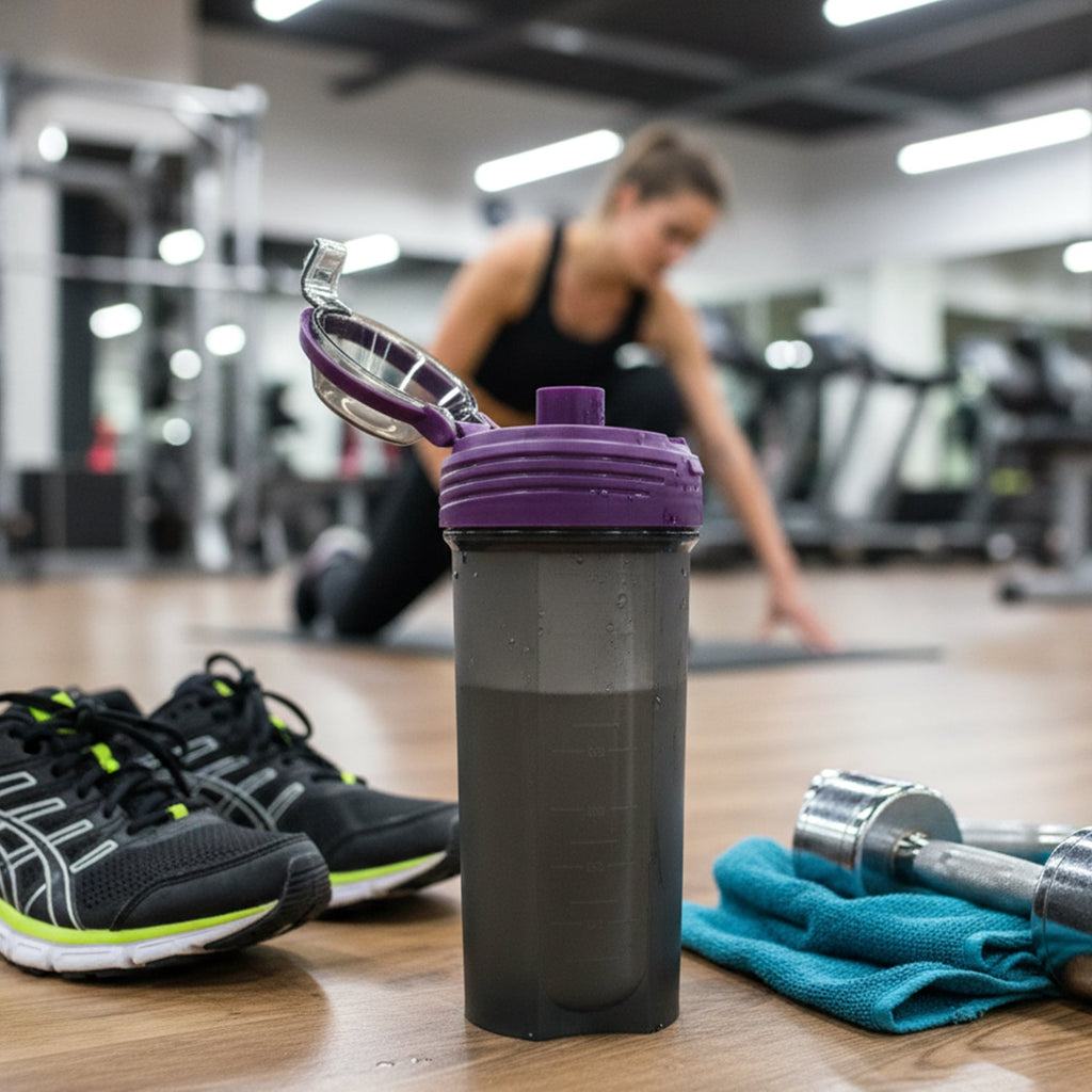 Fitness water bottle designed for protein shakes and hydration