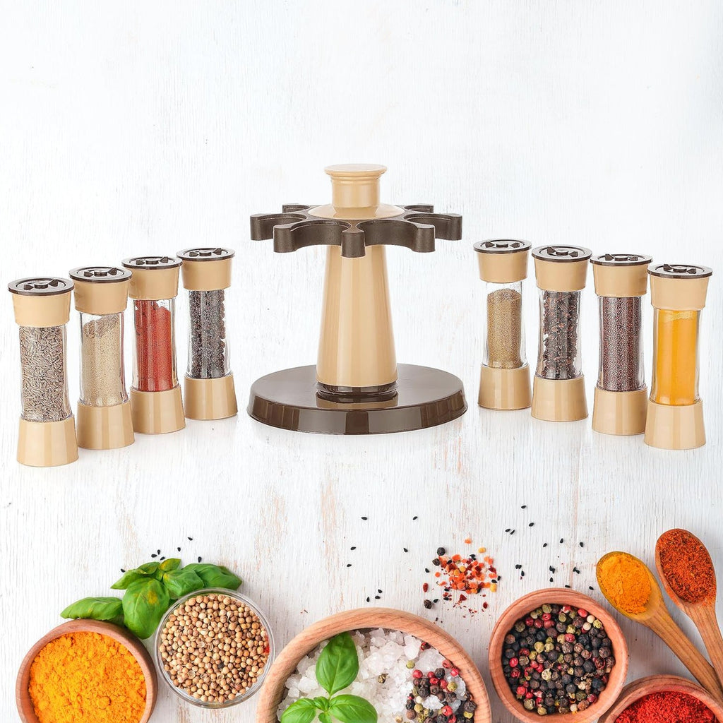 A cook using the 360° rotating kitchen spice rack to season a dish.