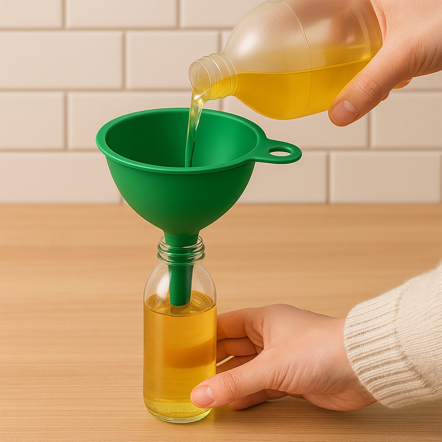 Flexible silicone funnel showcasing its pliable material, ideal for easy liquid and grain transfer.