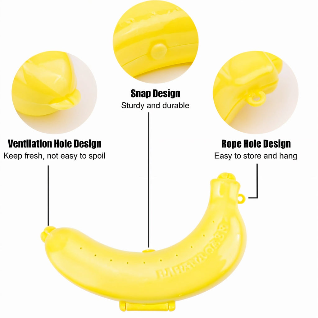 Portable banana case hanging from a backpack, ideal for travel and school lunches.