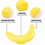 Portable banana case hanging from a backpack, ideal for travel and school lunches.