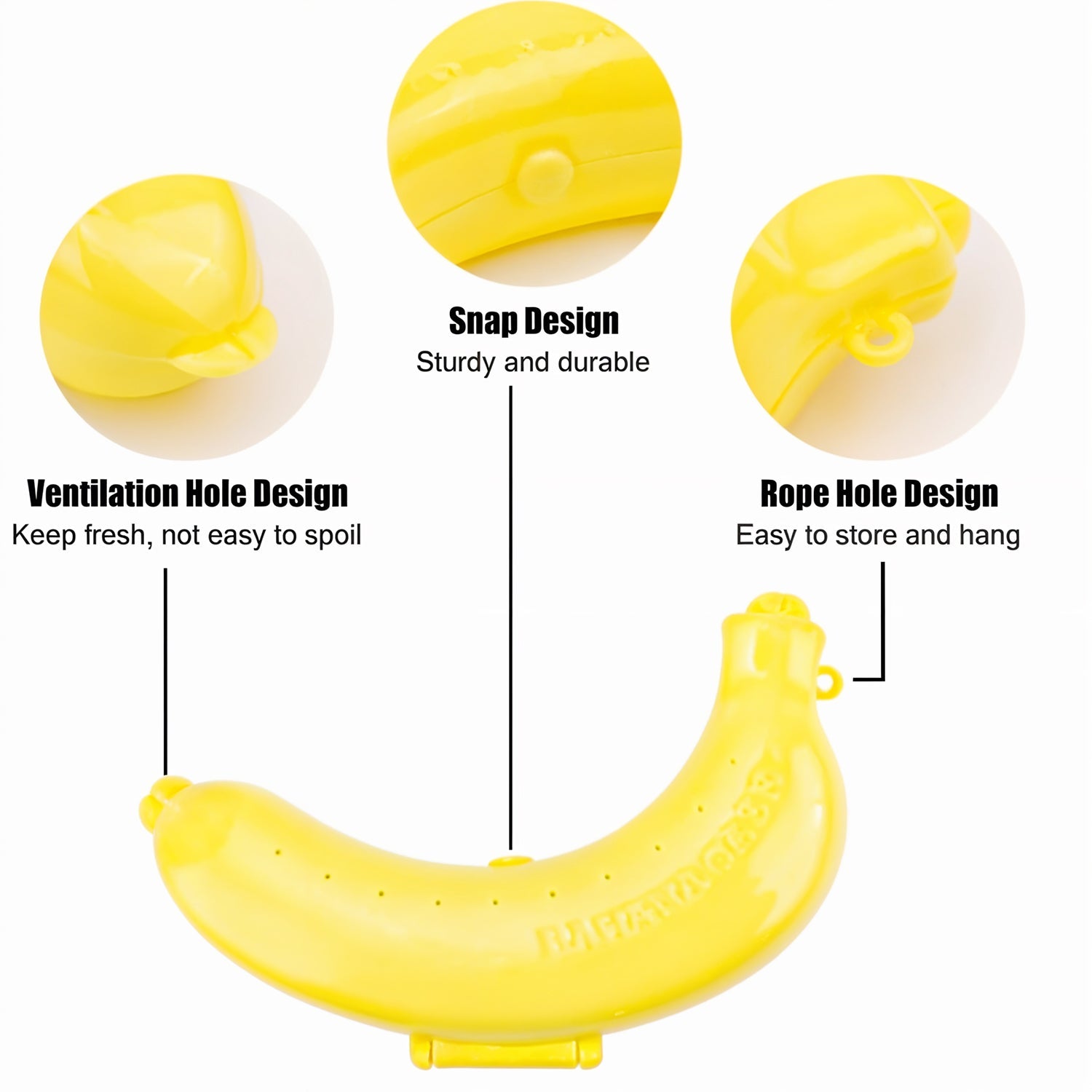 Portable banana case hanging from a backpack, ideal for travel and school lunches.