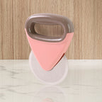 Top view of ergonomic pizza cutter showing stainless steel blade and handle