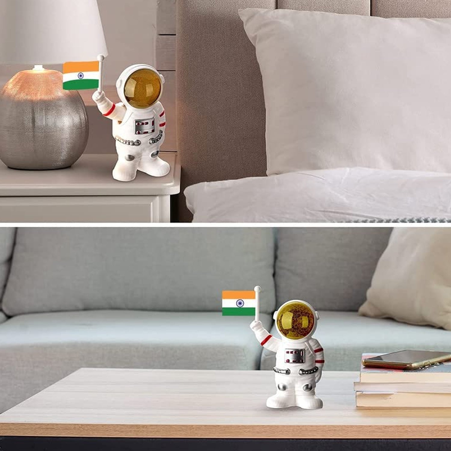 Compact solar powered astronaut figurine waving Indian flag for car interior
