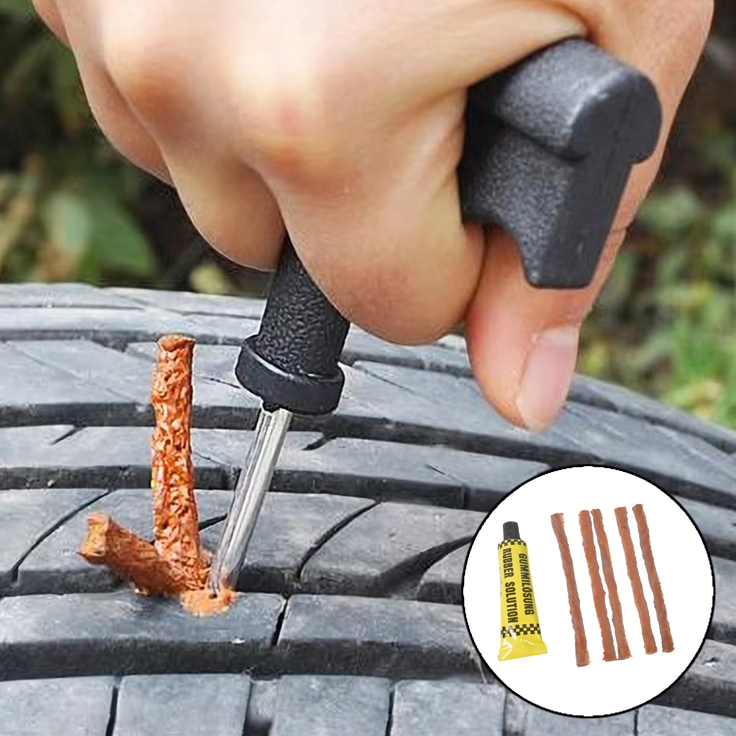 Rust-resistant steel rasp drill and threaded inserting needle drill for tubeless tire repair.
