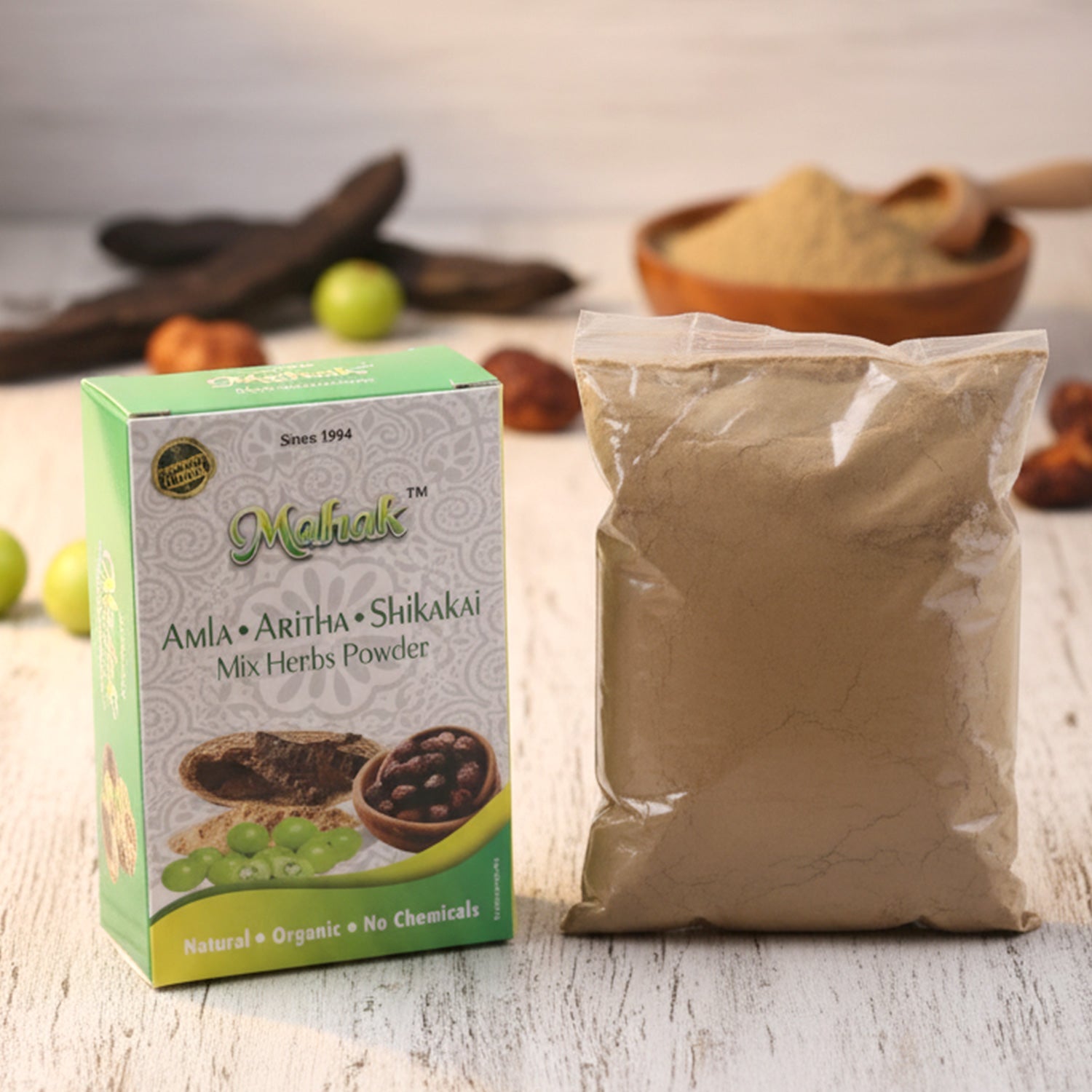 Packaging of mixed herbs powder for herbal hair and skin care, 80 gm