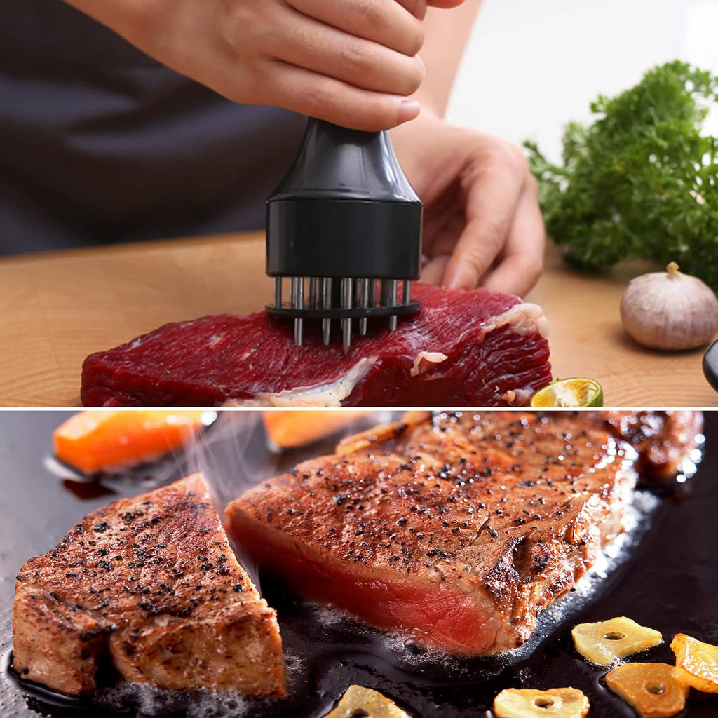 Close-up of the ultra-sharp stainless steel needles of the meat tenderizer.
