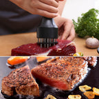Close-up of the ultra-sharp stainless steel needles of the meat tenderizer.