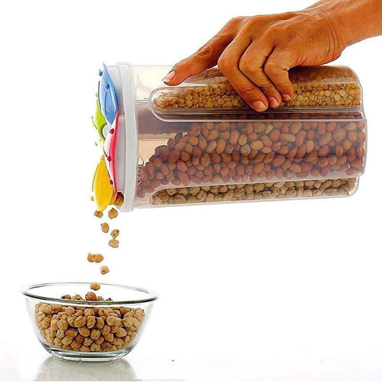 Close-up of the 4 section storage container showing different dry snacks.