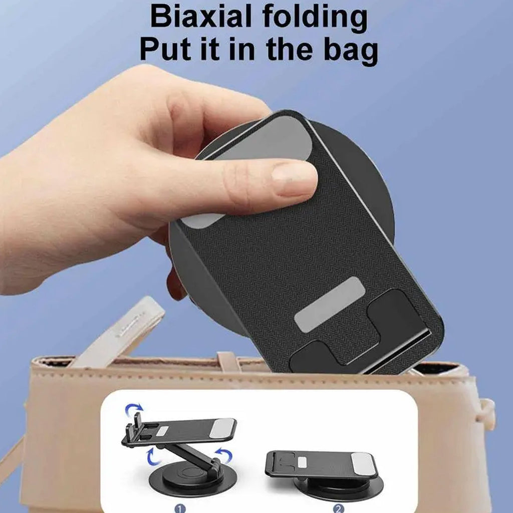 Close-up of the sturdy base and adjustable hinge of the rotating mobile stand, highlighting its robust design.