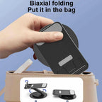Close-up of the sturdy base and adjustable hinge of the rotating mobile stand, highlighting its robust design.