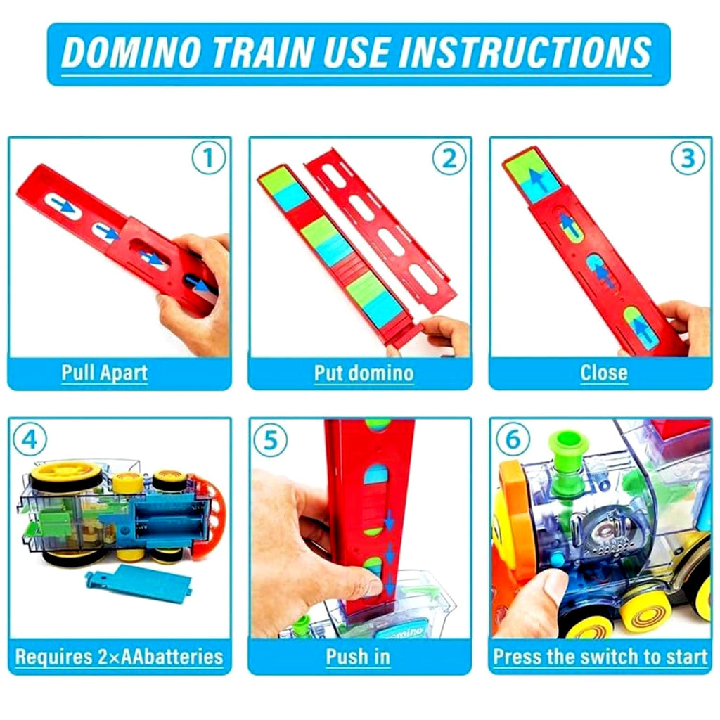 Transparent domino train set laying a long chain of colorful blocks.