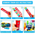 Transparent domino train set laying a long chain of colorful blocks.