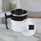 White 350ml insulated mug with spill-resistant lid, front view.