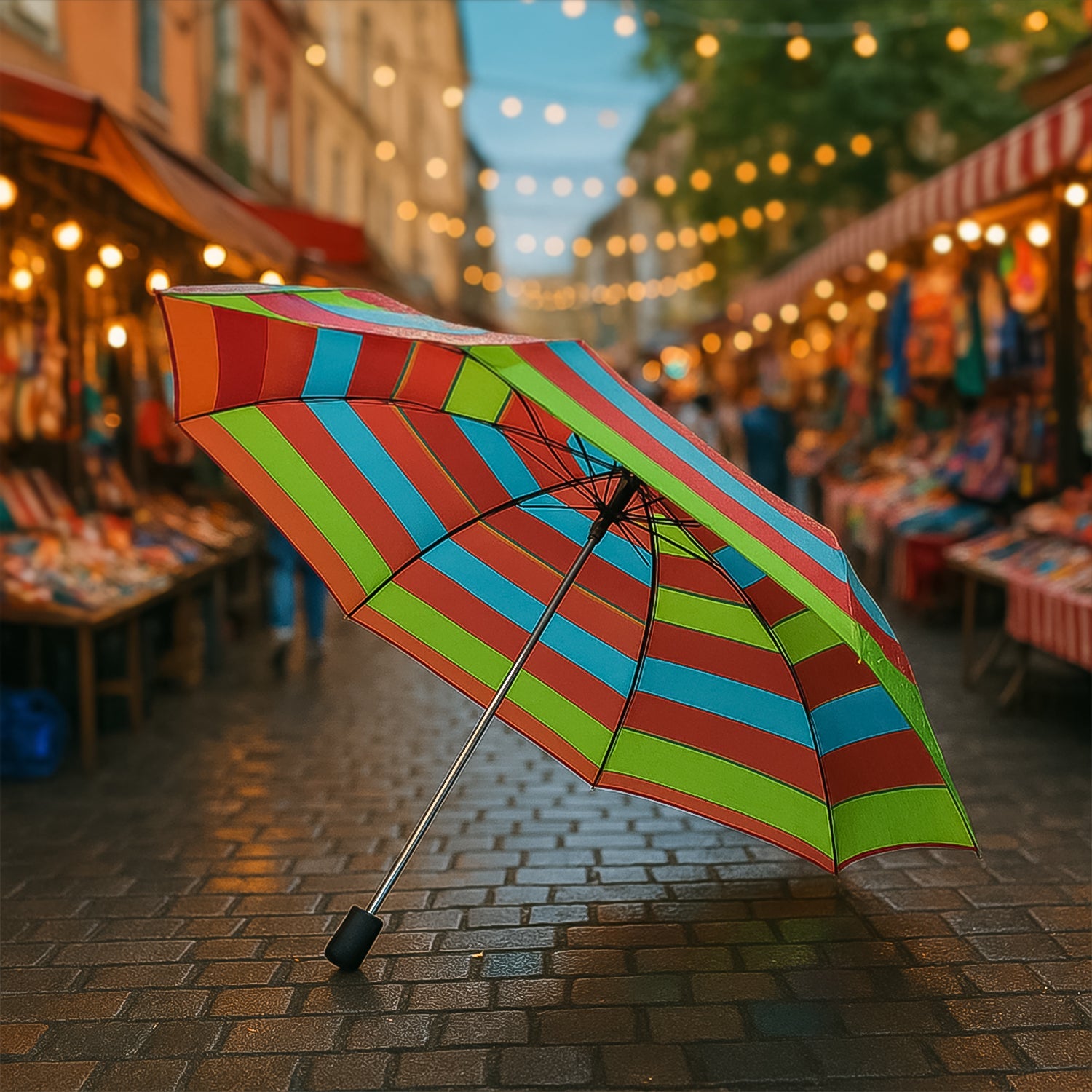 Open umbrella displaying wind-resistant frame and waterproof canopy