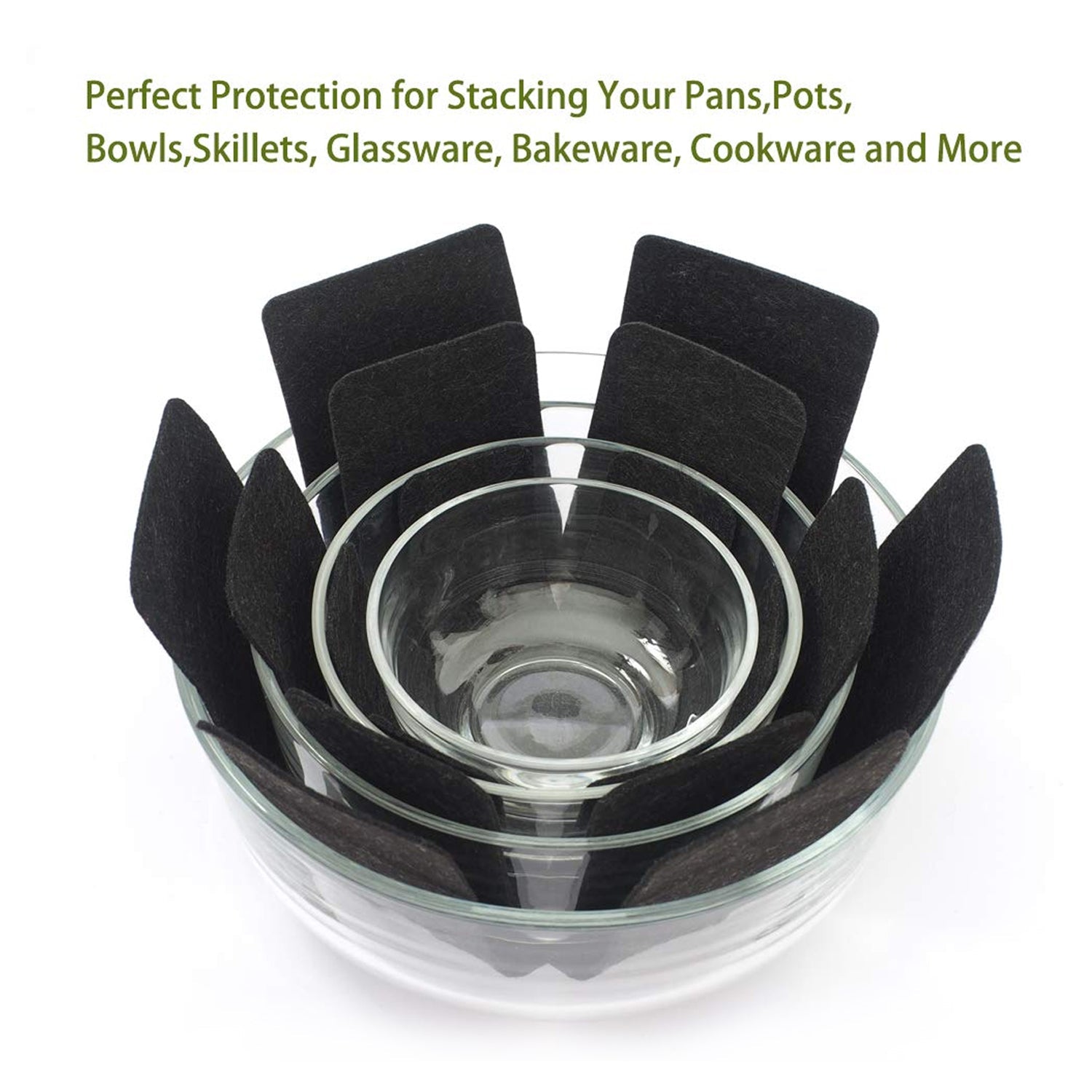 Pots and pans stacked with felt protectors between to avoid scratches and damage