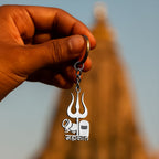 Front view of the Mahakal Trishul and Shivling metal keychain.