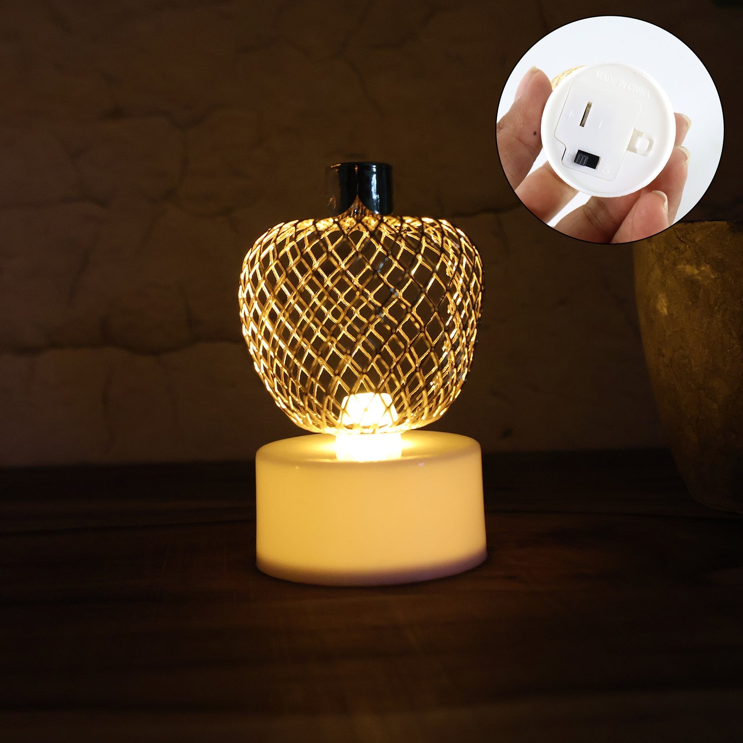 Battery-operated flameless apple tealight candles, safe for any occasion.