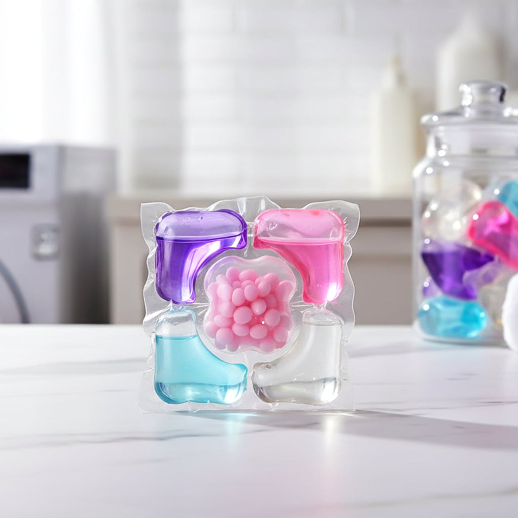 Hand holding a green laundry detergent pod ready for convenient use.