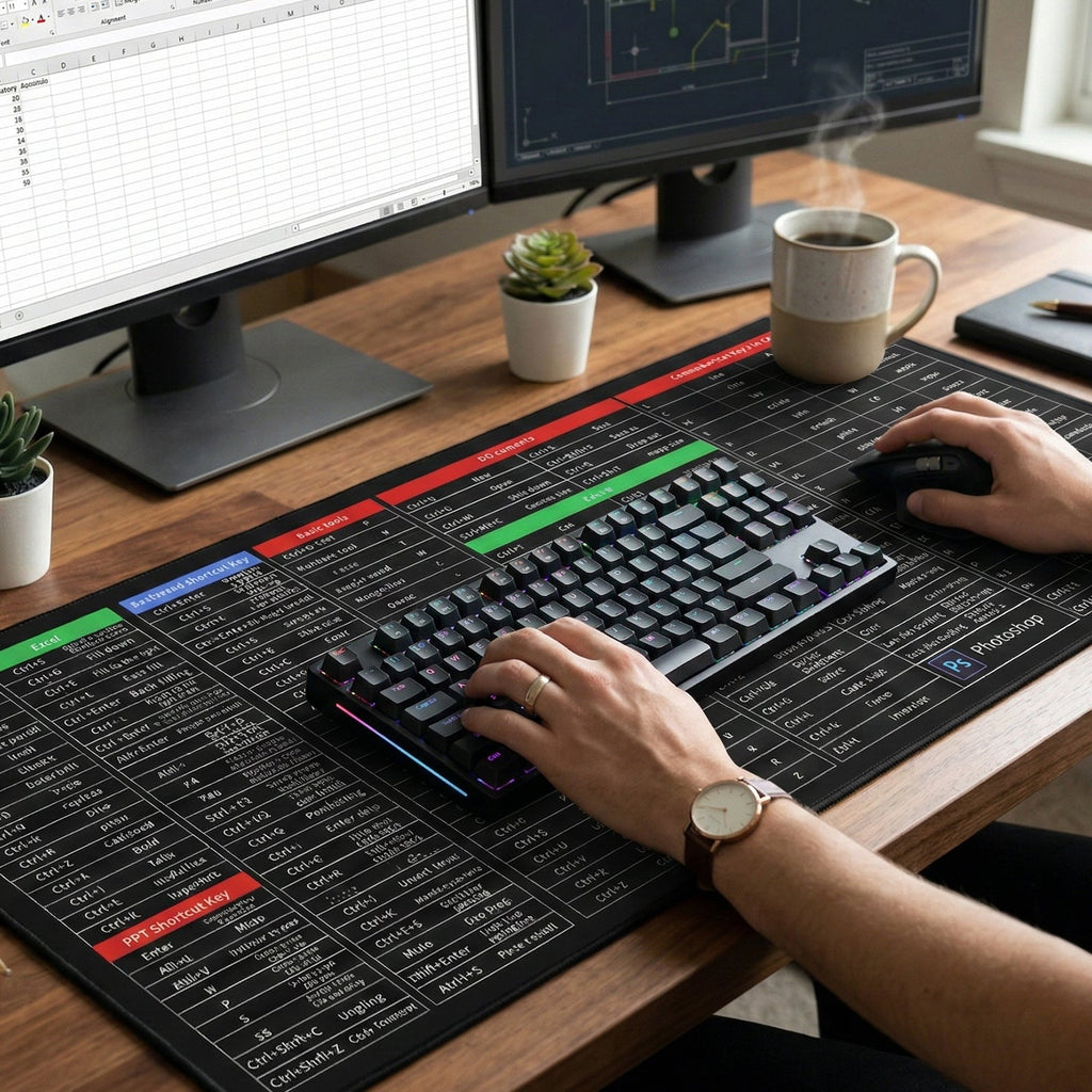 Organized workspace with extended desk mat supporting ergonomic setup