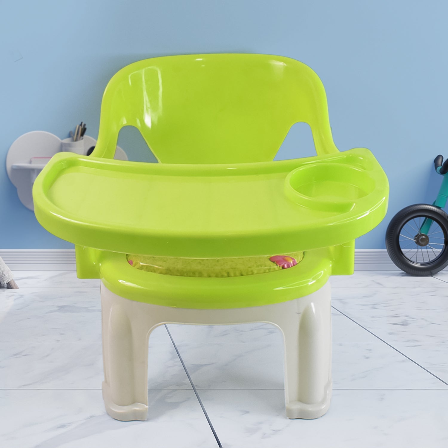 Lightweight and portable high chair in yellow, showcasing its sturdy plastic construction.