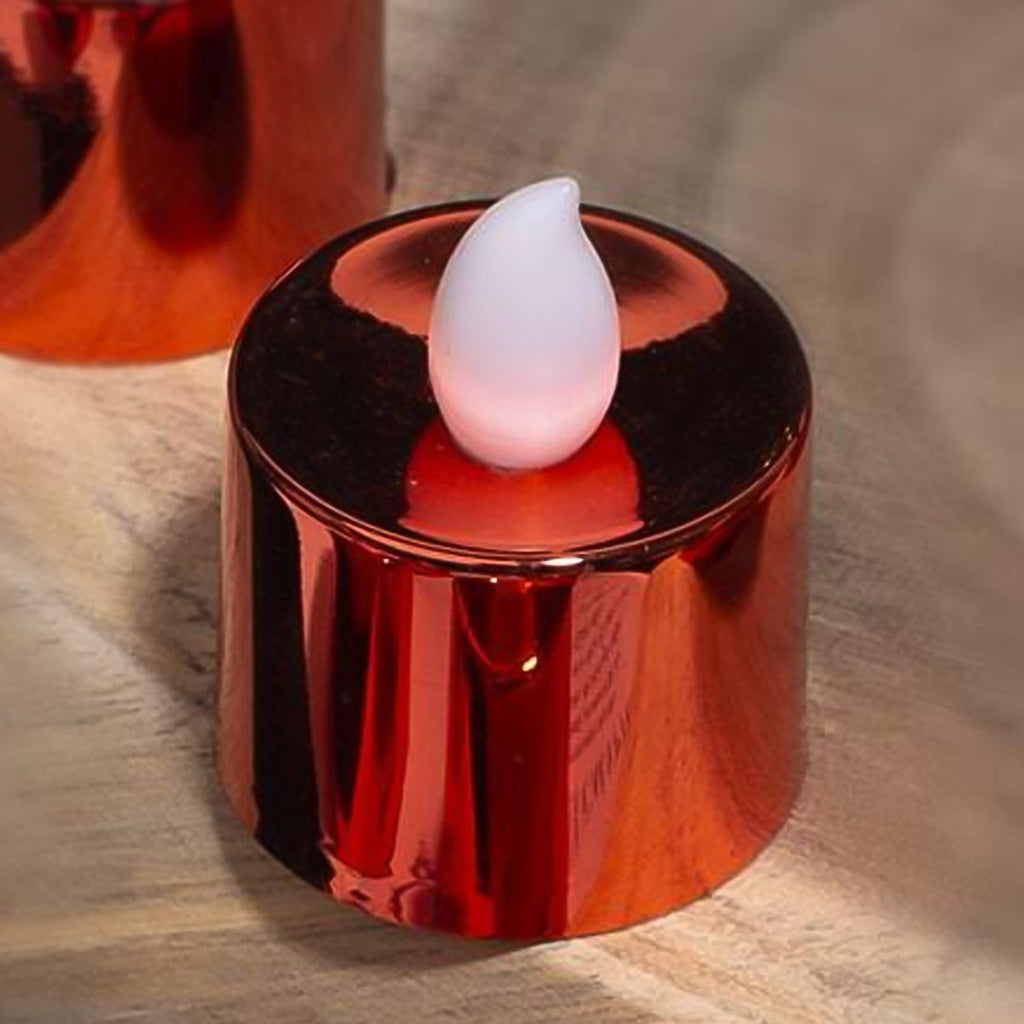 Overhead view of a group of battery-operated LED candles.
