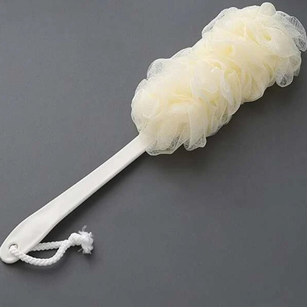 Ergonomic long-handle loofah back scrubber for easy reach in the shower.