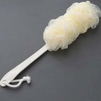Ergonomic long-handle loofah back scrubber for easy reach in the shower.