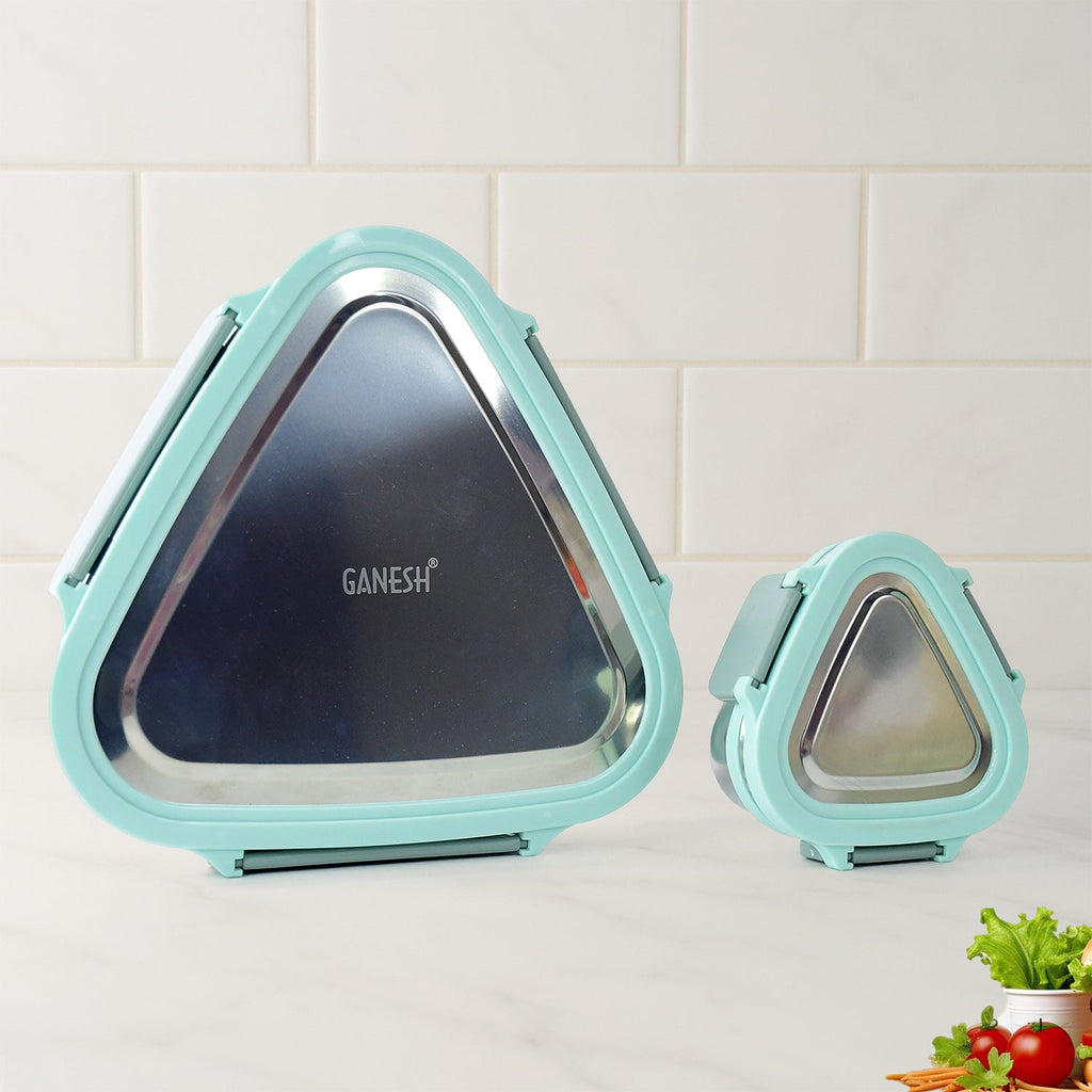 Two-piece triangle stainless steel lunch box set with light aqua outer shell
