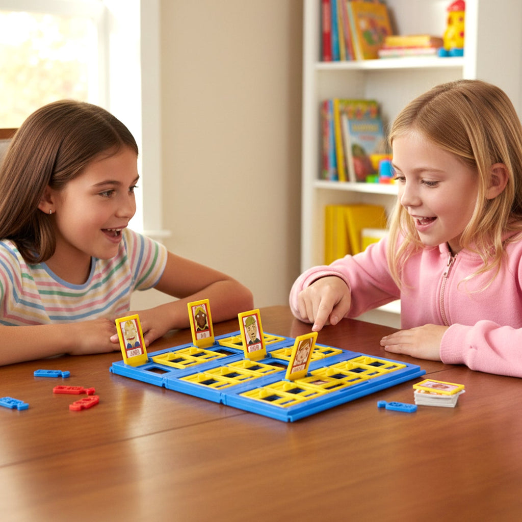 Who Am I board game setup showing character cards and question play