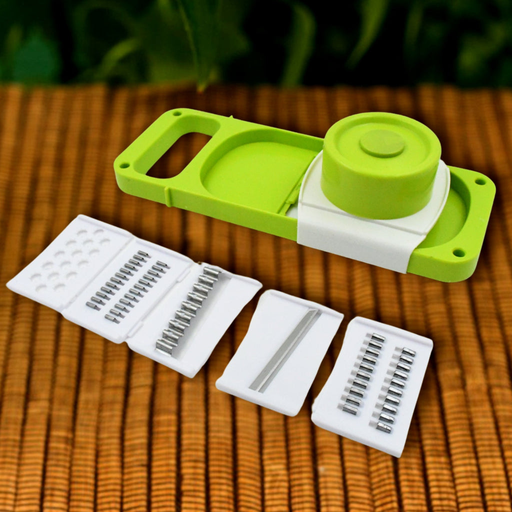 CookAura 5-in-1 foldable vegetable slicer displayed with its interchangeable blades.