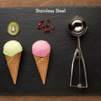 Side profile of the elegant stainless steel ice cream scoop.