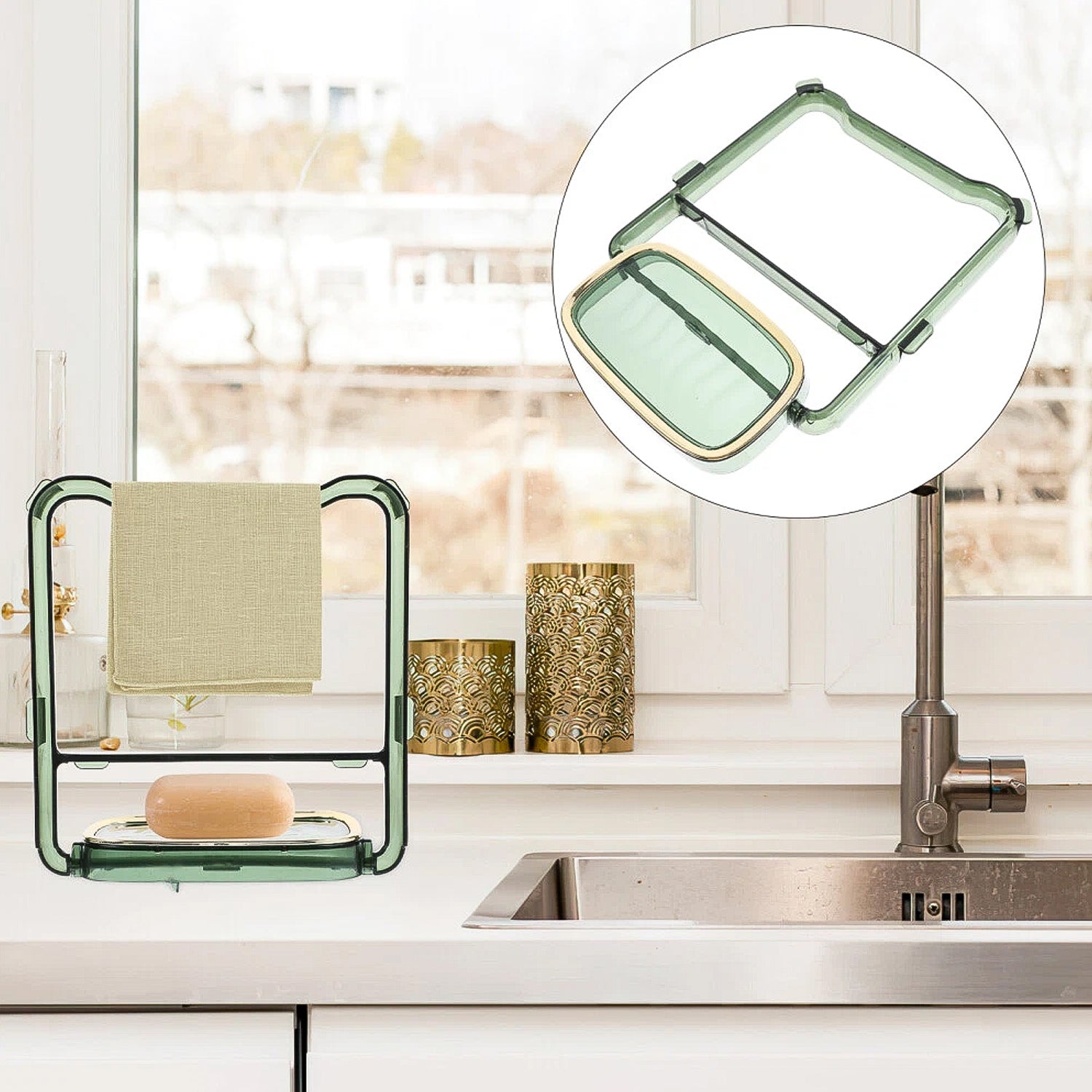 Compact dual-use bathroom organizer showing soap holder and towel bar