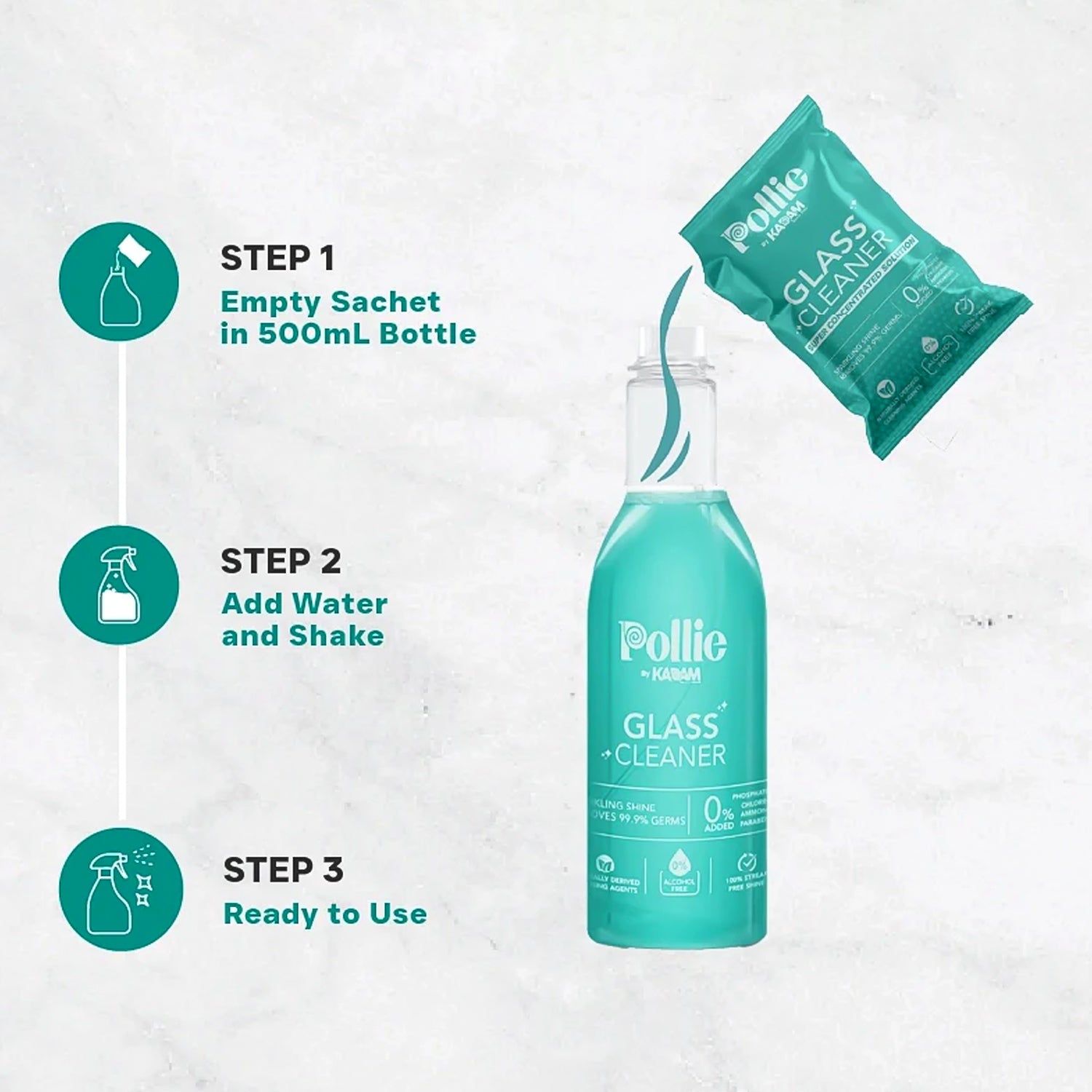 Wide view of concentrated glass cleaner refill kit showing sachets and spray bottle.